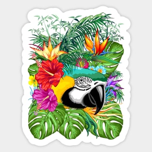 Blue Macaw Parrot Floral Portrait coming out of Exotic Jungle Sticker